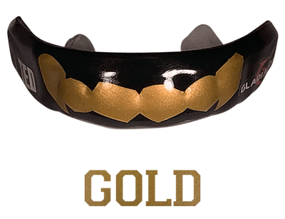 Metallic gold fangs mouthguard logo