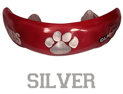 Metallic silver mouthguard logo